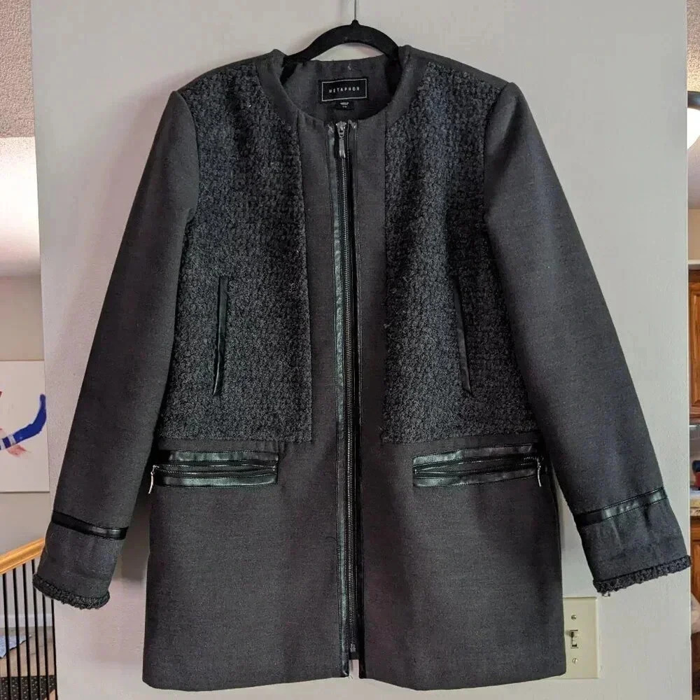 Metaphor Women's Wool Blend Gray Jacket faux Leather Trim Size L Zip Up